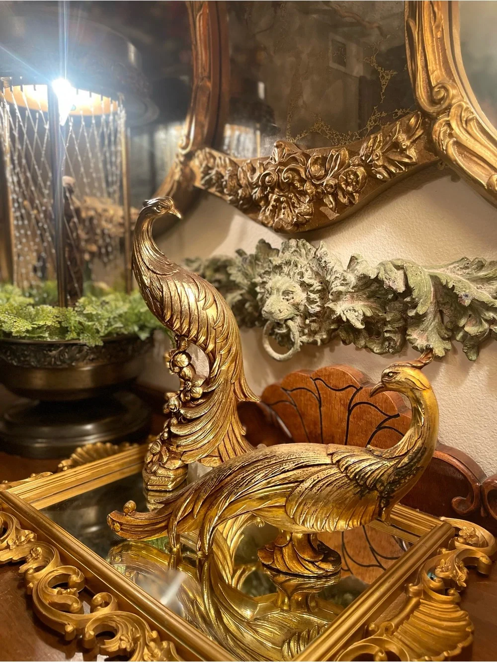 Vintage Syroco Gold Peacock Sculpture Pair